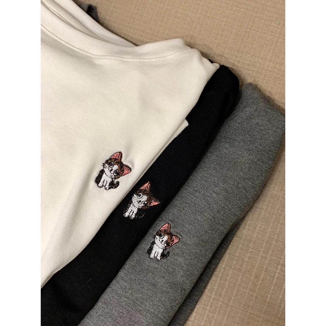 【新版水溶猫咪】巨柔软！百搭刺绣圆领T恤女新款打底单穿上衣