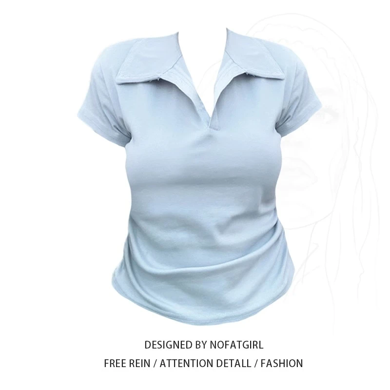 大码胖MM韩系POLO领短袖T恤女夏季2025新款修身显瘦正肩短款上衣