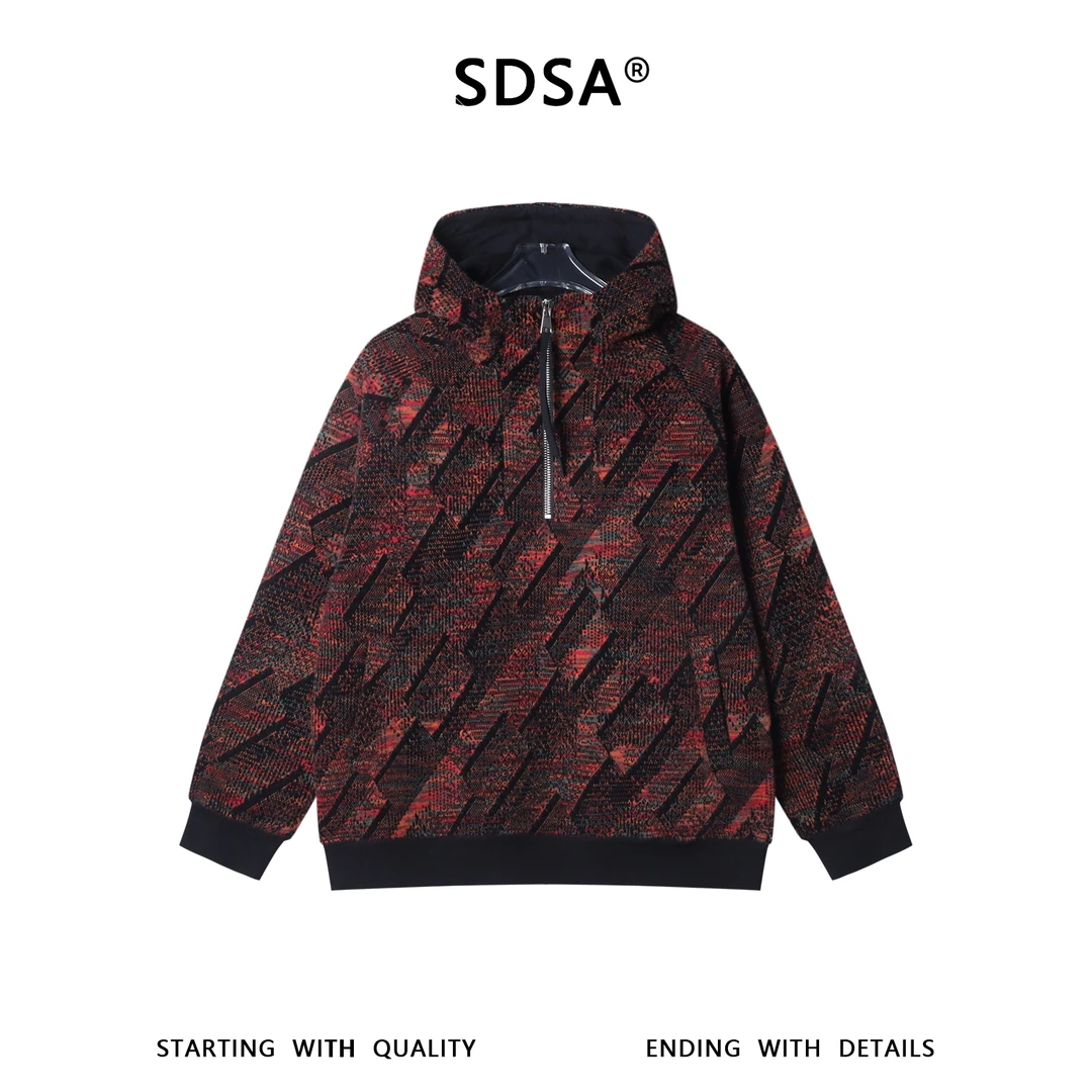 SDSA男士秋冬新款痞帅男装时尚简约撞色提花半拉链立领连帽卫衣