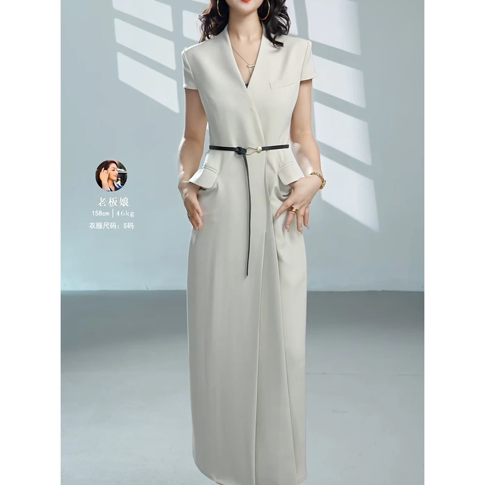 送腰带!知性大方优雅V领连衣裙夏季新款高级时尚通勤显瘦长裙8336