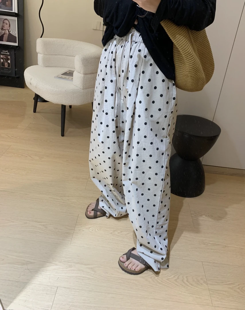 〔波点弯刀裤〕欧版松紧抽绳腰亚麻波点弯刀裤