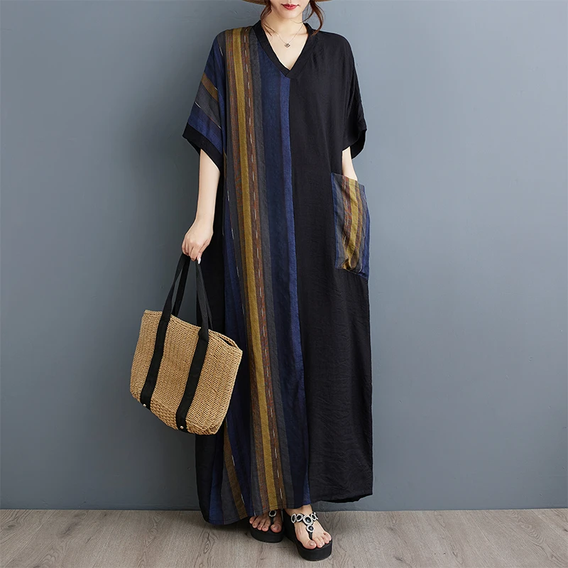 外贸出口女夏季撞色拼接黑长款连衣裙薄棉麻印花显瘦V领短袖长裙