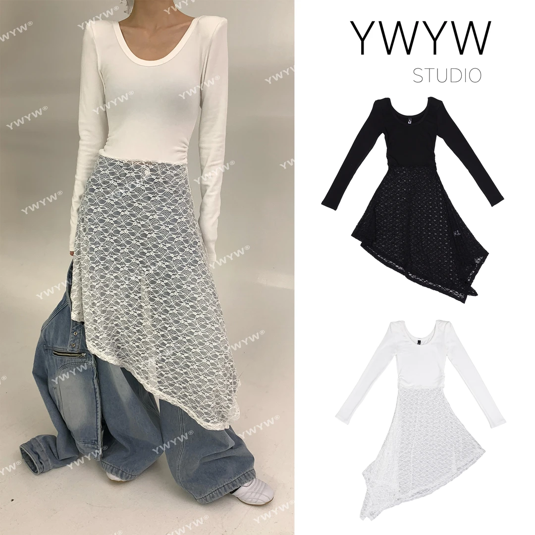 【YWYW25S/S】时尚收褶腰气质斜下摆打底内搭长袖连衣裙3570