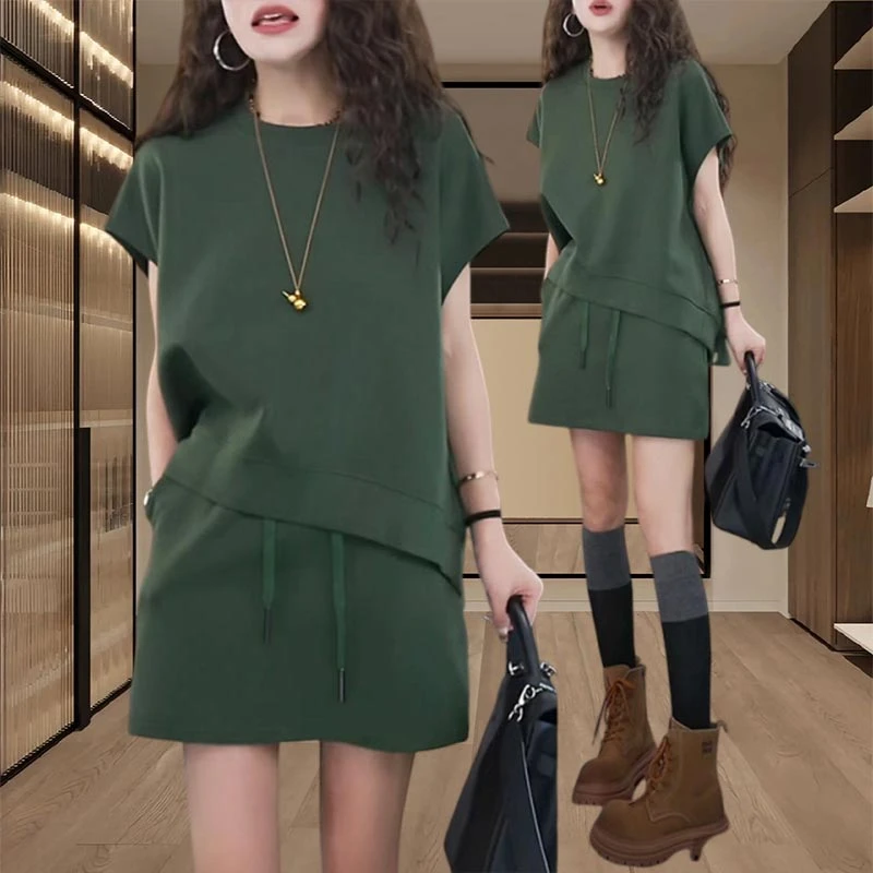 短裙纯色两件套圆领短袖韩系爆款休闲风女2025年夏季新款时髦洋气