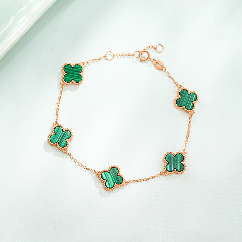 18k金花草系列孔雀石10mm五花手链时尚轻奢百搭经典气质简约