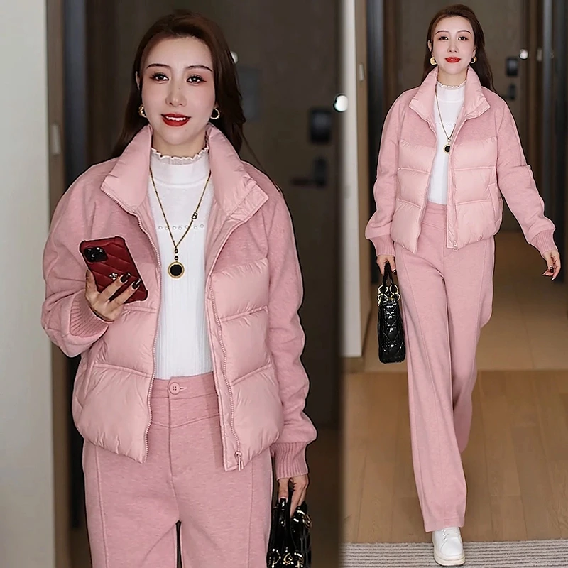 休闲运动套装女2024冬季新款洋气毛呢拼接款棉衣外套阔腿裤两件套