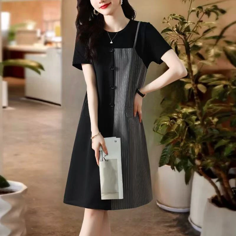 时尚简约韩版拼接假两件短袖连衣裙2025夏季新款大码女装中长裙子