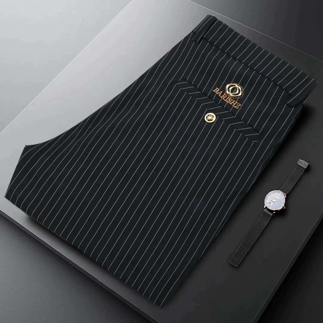 休闲裤男士夏季薄款舒适透气冰丝凉感轻奢高级感修身商务条纹西裤