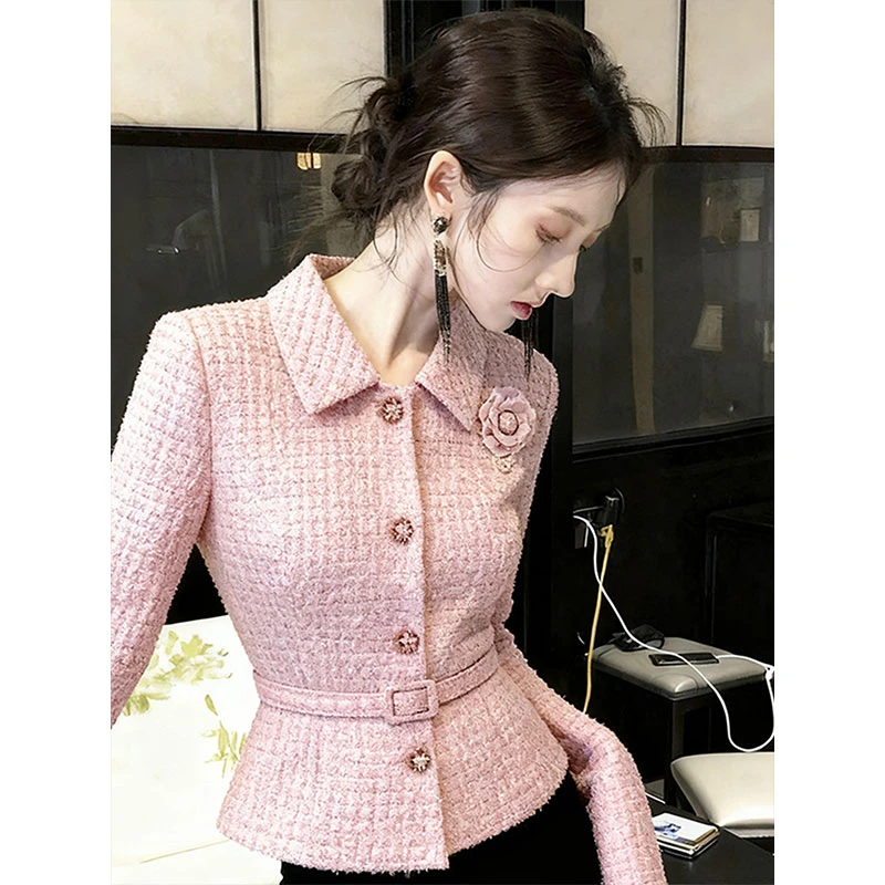 粉色小香风外套女秋冬高端时髦洋气名媛独特减龄气质收腰短款上衣