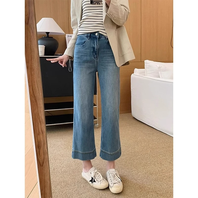 蓝色小雏菊刺绣牛仔裤女夏季爆款大码梨形身材弹力窄版九分阔腿裤