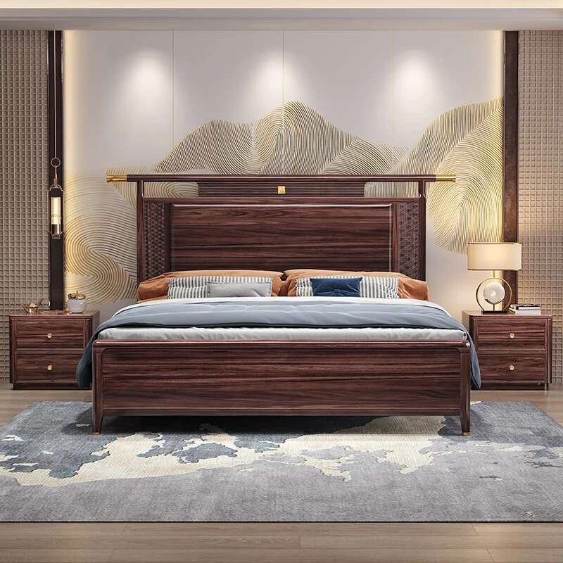 新中式乌金木实木床1.8米双人大床储物高箱主卧婚床经济型