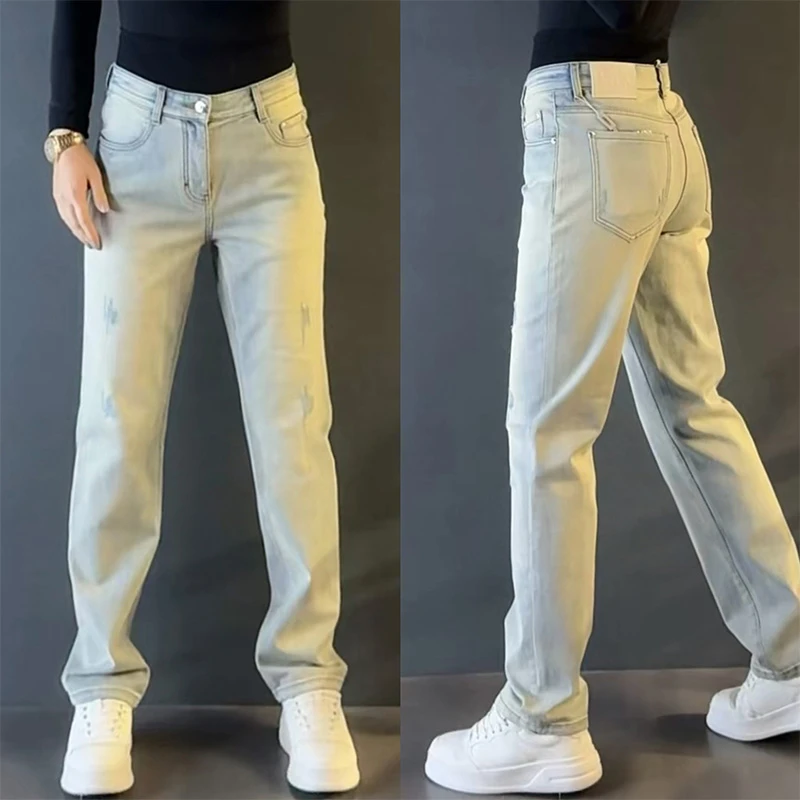 高档百搭秋冬男士轻奢直筒裤新款舒适牛仔裤潮牌时尚宽松休闲裤