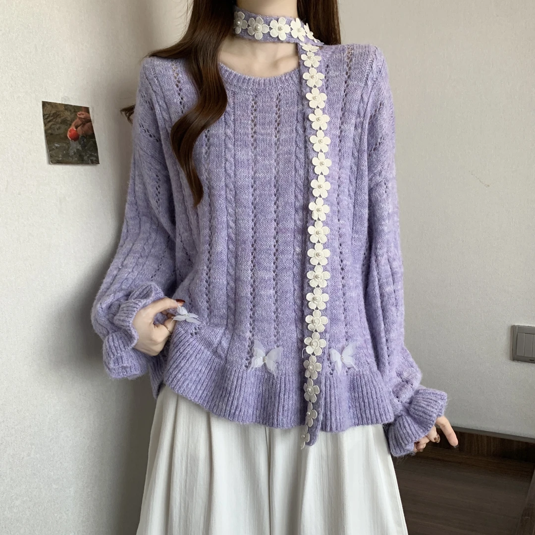时尚大码女装2025秋冬新款花朵宽松毛衣潮流舒适慵懒风显瘦针织衫