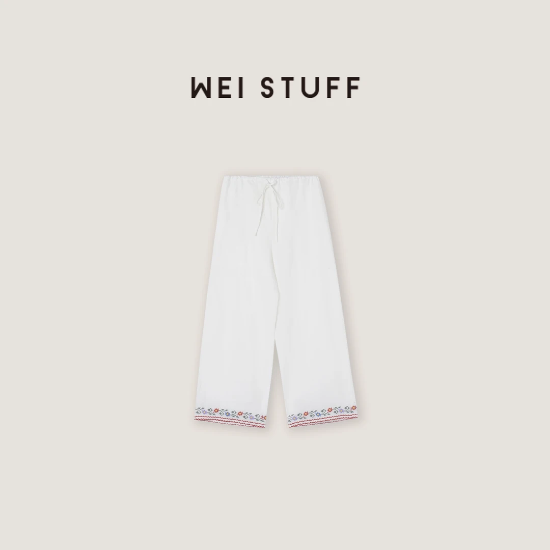 WEI STUFF  “惬意时光” 时尚高腰坠感亚麻刺绣直筒休闲裤 9119 .