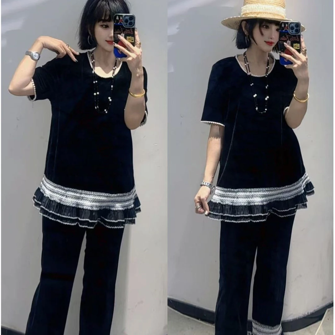 新款丝绒上衣复古气质百搭显瘦上衣➕裤子套装250059