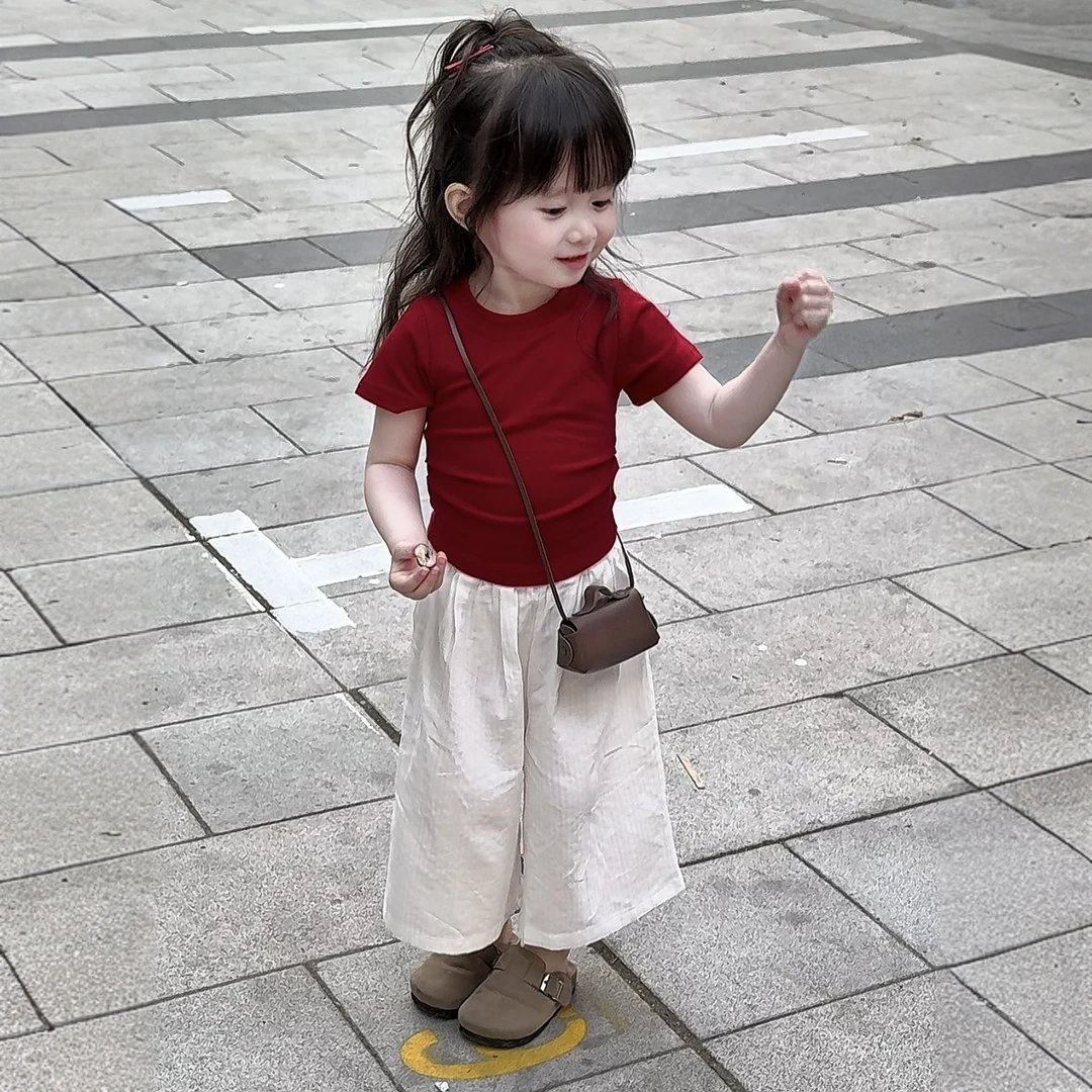 女童夏装套装2025新款儿童设计感纯棉后背镂空绑带短袖T恤休闲裤