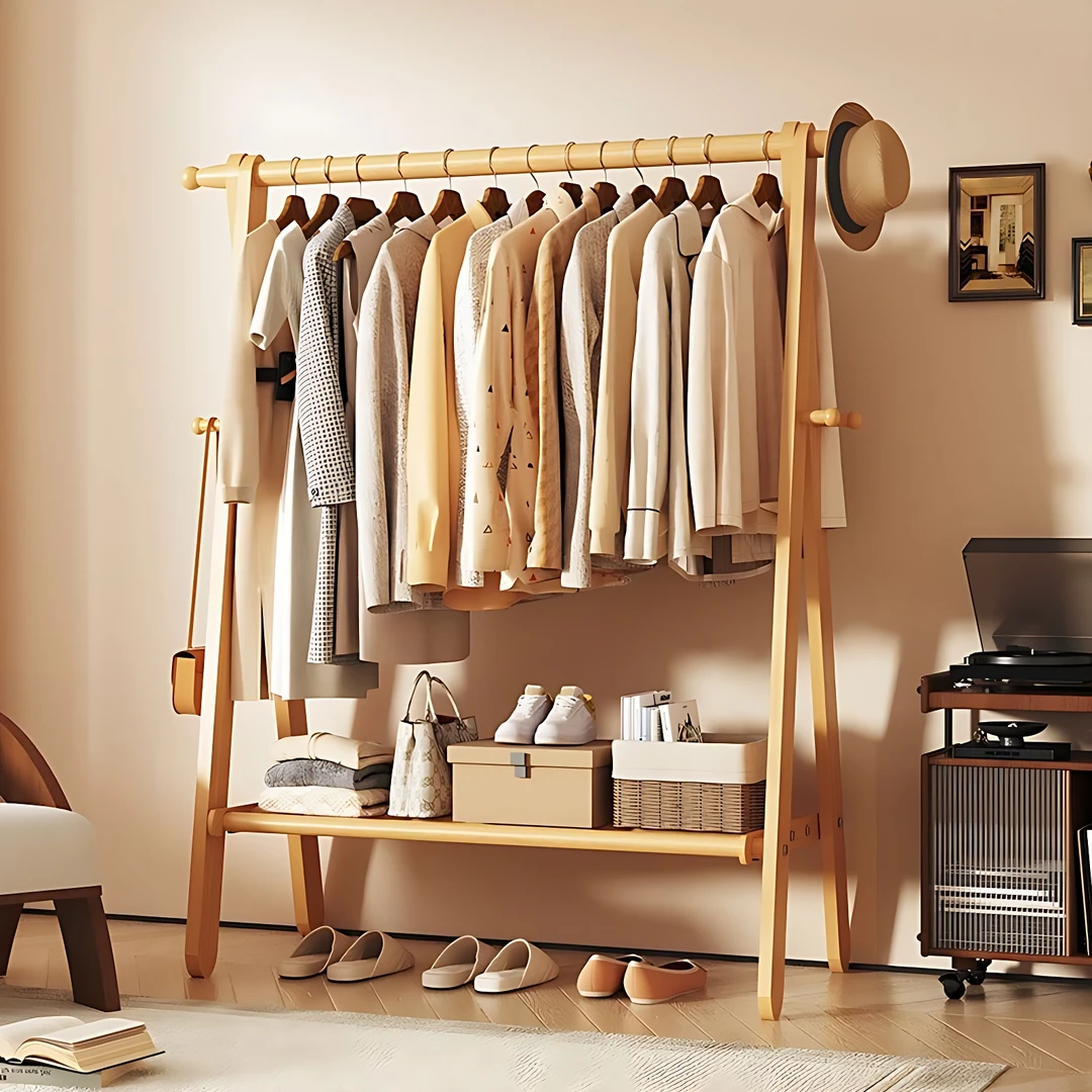 实木衣帽架落地卧室家用折叠挂衣架室内房间简易榉木收纳晾衣架子