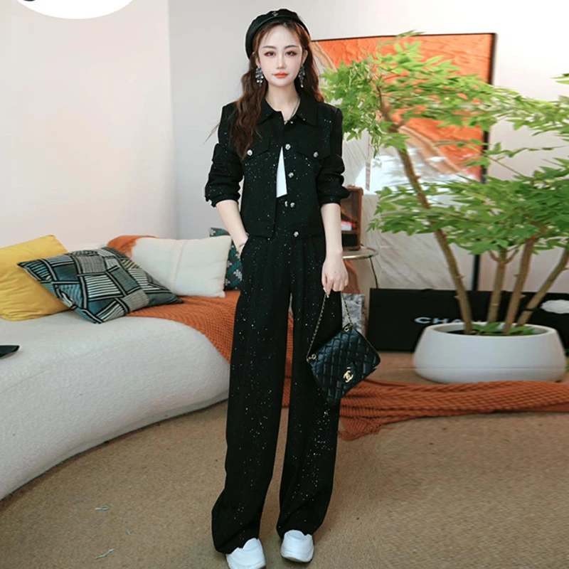 时尚运动服套装女2025春秋新款爆款小个子亮片短外套阔腿裤两件套