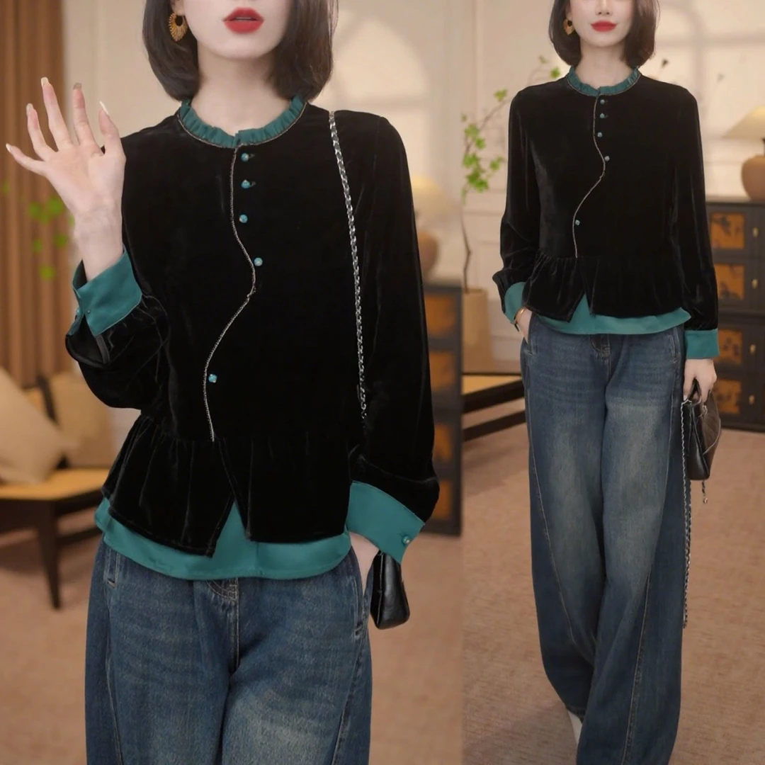 时尚撞色拼接木耳花上衣2025秋季新款新中式改良长袖宽松显瘦衬衫