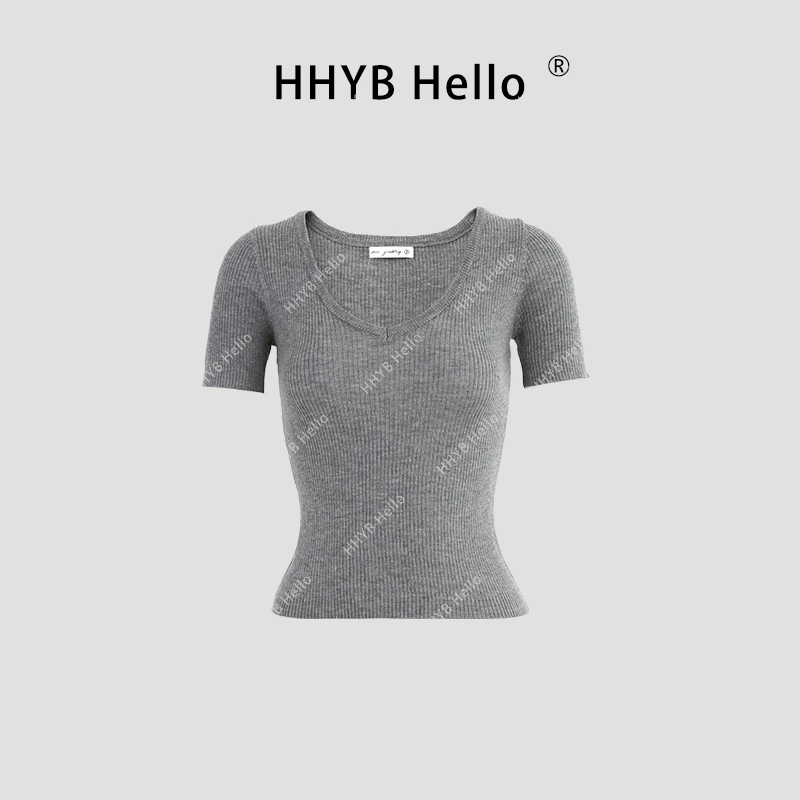 HHYB Hello【2025春季新款】v领休闲短袖针织衫修身显瘦上衣T恤M989