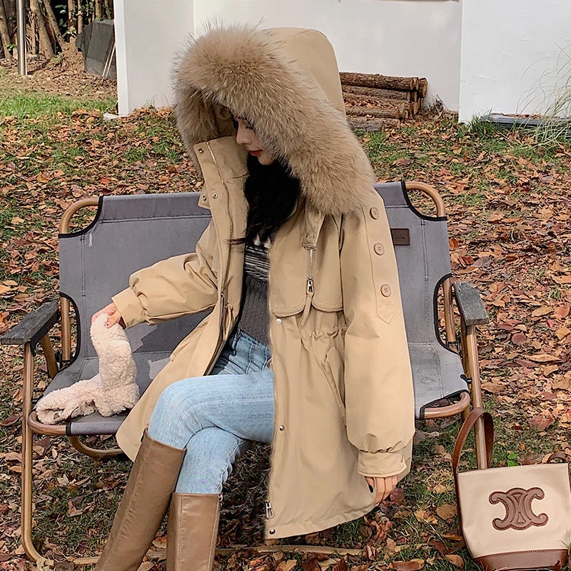 大毛领连帽抽绳系带中长款派克服棉服女冬季韩版显瘦棉袄外套