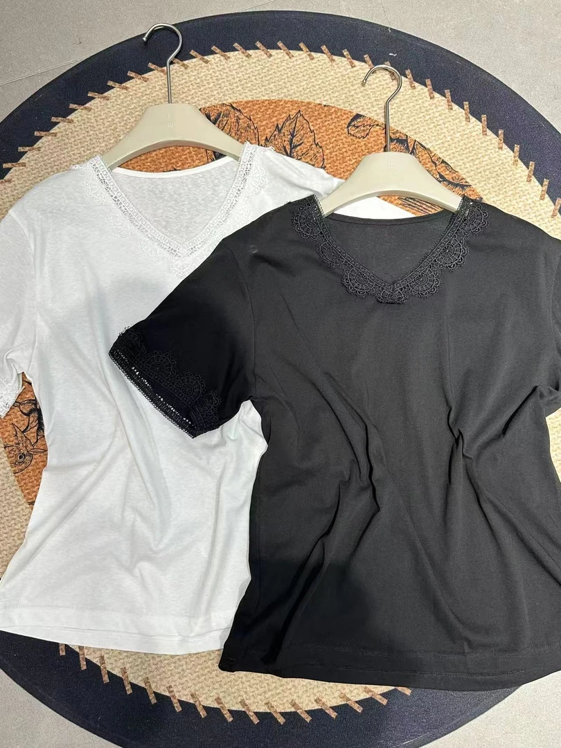 夏季时尚短袖休闲网红V领宽松型蕾丝纯色拼接T恤上衣【V领花边T】