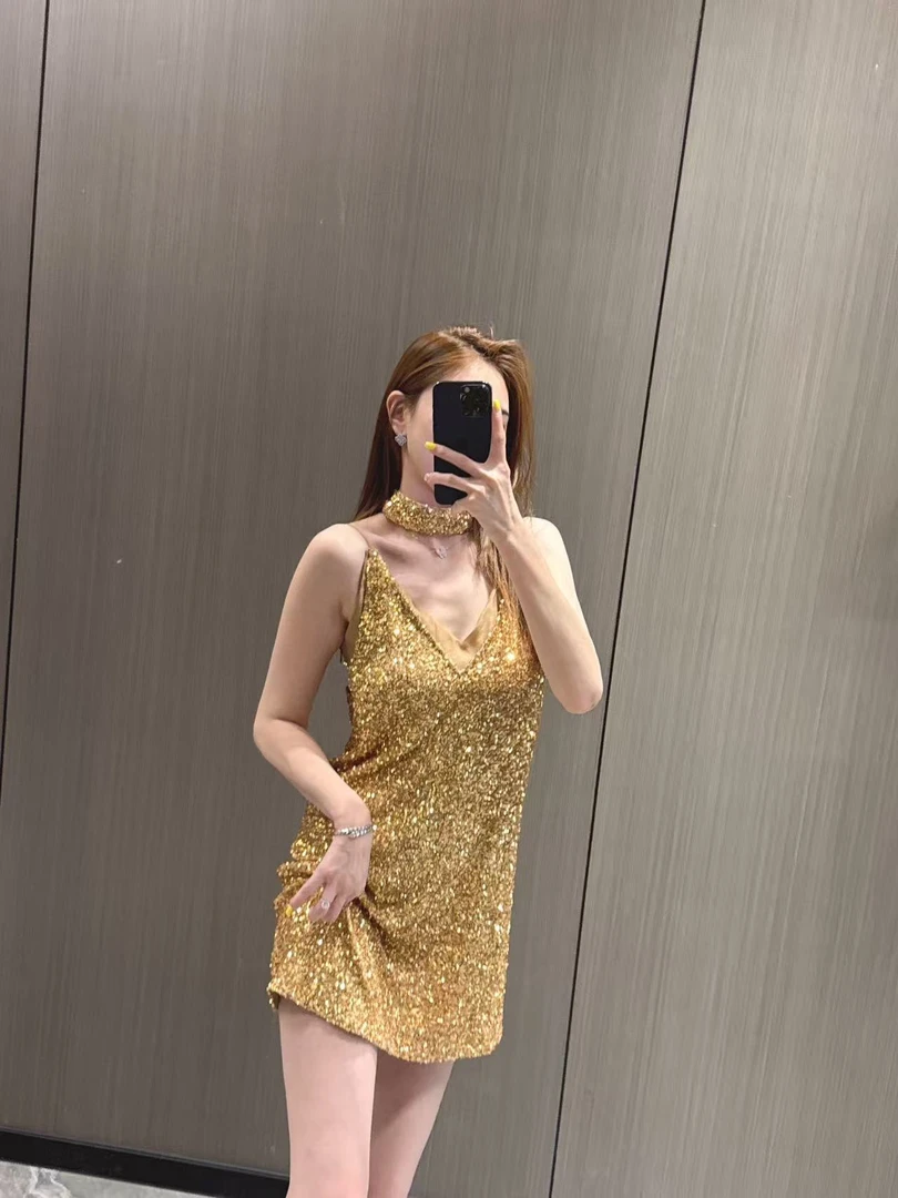 ZX推荐【熠熠闪烁】重工亮片V领设计师款夏季亮片bingbing连衣裙