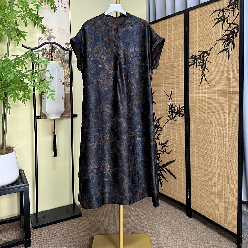 【高定】香云纱裙子气质时尚夏季花萝提花连衣裙重磅桑蚕丝中长款