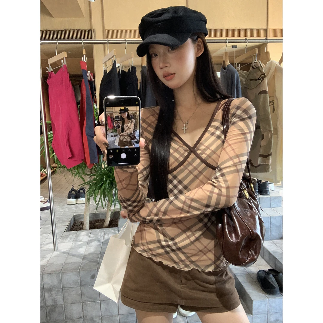 【HRG】秋季法式复古格子印花小众V领显瘦T恤254A3650
