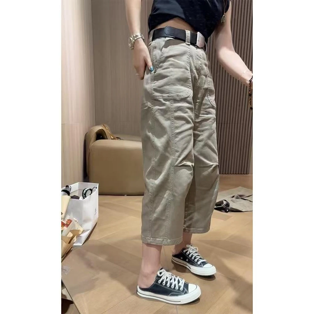 春秋季新款八分牛仔弯刀裤子女宽松显瘦洋气哈伦裤大码工装老爹裤