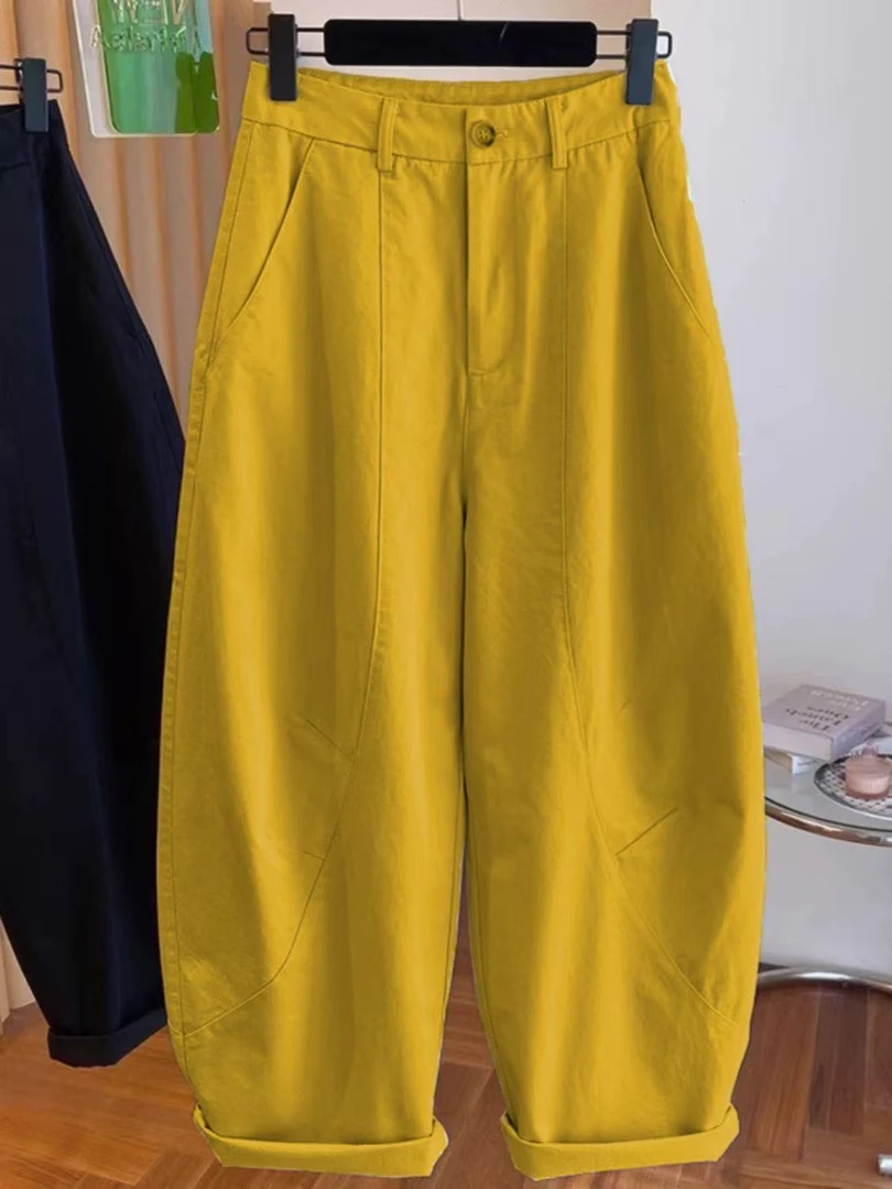 黄色弯刀阔腿裤女百搭休闲梨形身材宽松大码显瘦高腰镰刀裤子女潮