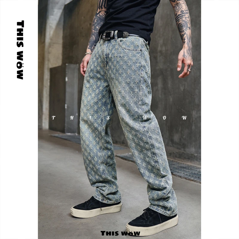 THIS WOW巴黎风提花牛仔裤新款潮牌宽松直筒水洗牛仔裤夏季