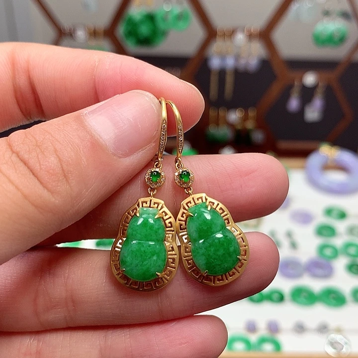 翡翠18K金镶嵌耳饰天然翡翠葫芦