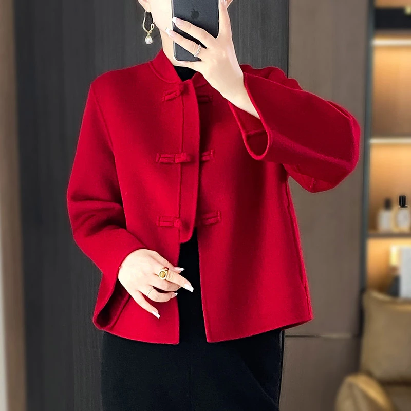 【美田专属】秋冬新中式复古盘扣纯羊毛大衣短款双面呢外套QZ6216