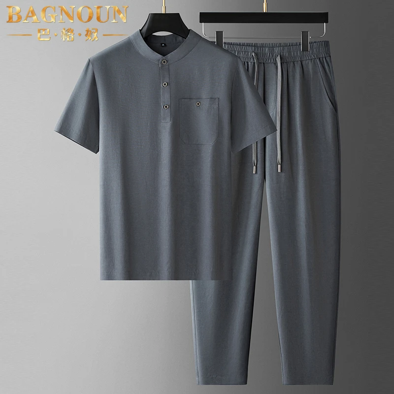 巴格奴亚麻休闲运动套装男士夏季新款时尚高端莱赛尔薄短袖两件套