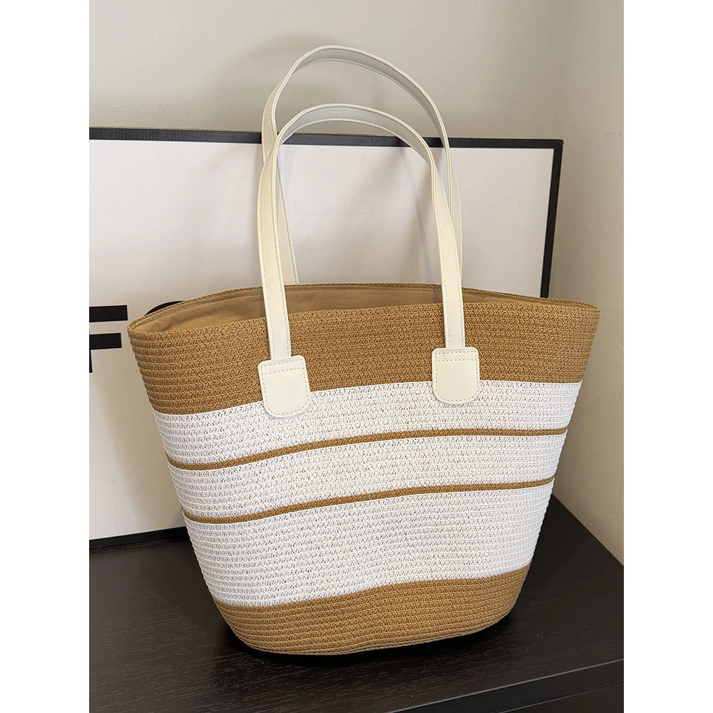 批发新品海边度假风撞色编织沙滩包包小众简约沙滩帽时尚单肩女包