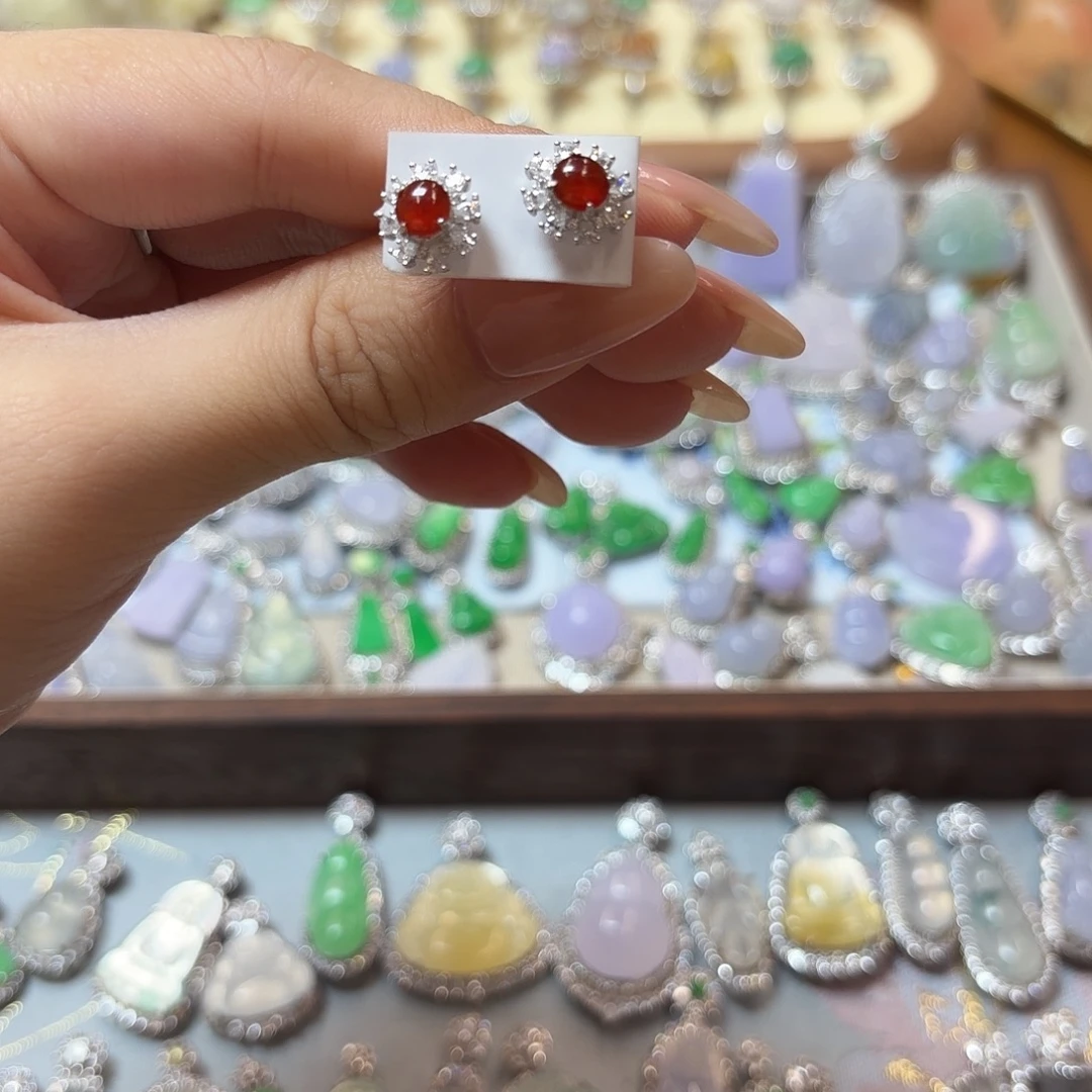 良***霄翡翠银S925镶嵌耳钉