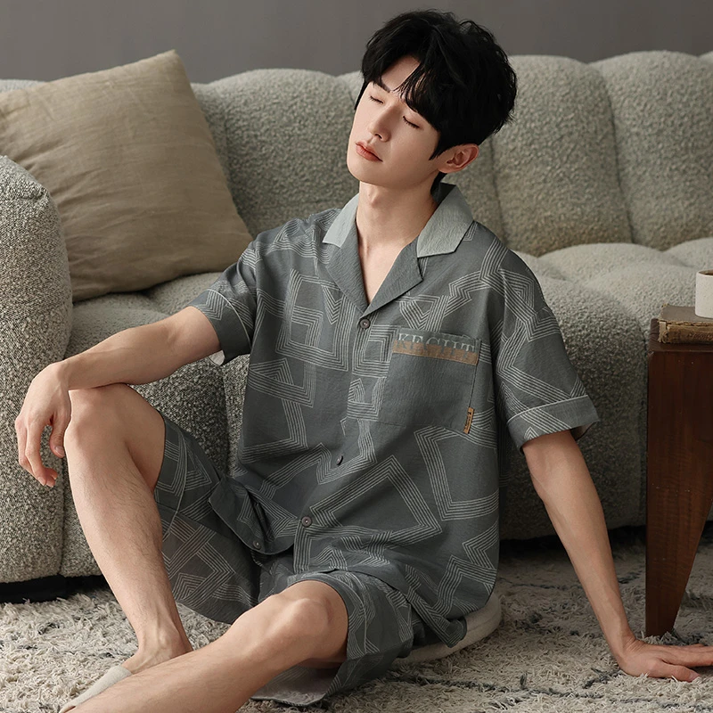 YIHAN-夏季新款睡衣男棉感宽松简约轻薄短袖休闲透气家居服套装