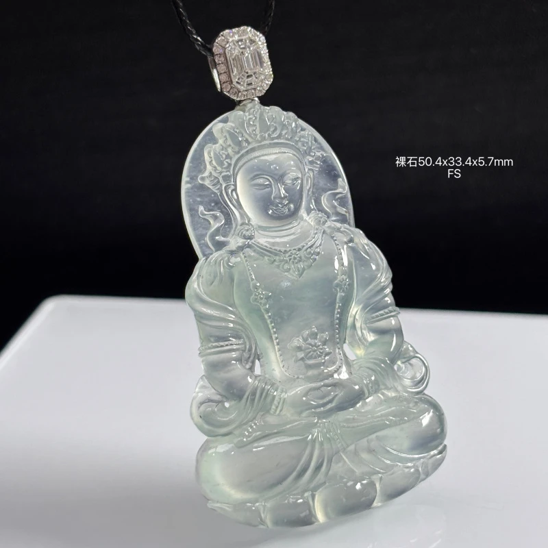 18K金镶嵌缅甸天然翡翠A货冰种雪花棉观音吊坠FS（下单咨询客服）