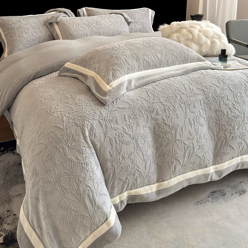 A类全消光牛奶绒四件套冬季加厚亲肤保暖雕花床单被套加绒床上用