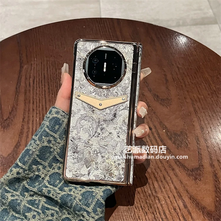 适用华为MateX5/X6折叠屏典藏版手机壳皮质银花卉全包中轴保护套