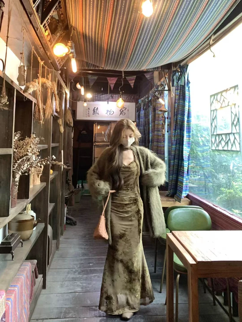 秋季极简风吊带鱼尾裙带飘带长裙子