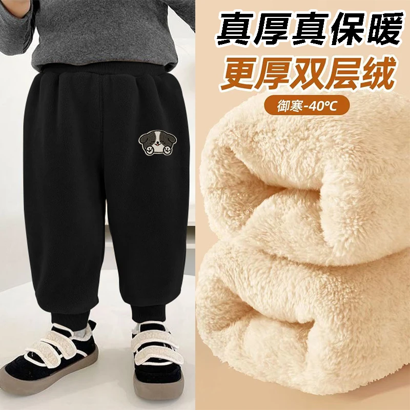 冬季加绒加厚保暖羊芯绒束脚裤新款印花儿童中小童卡通百搭长裤