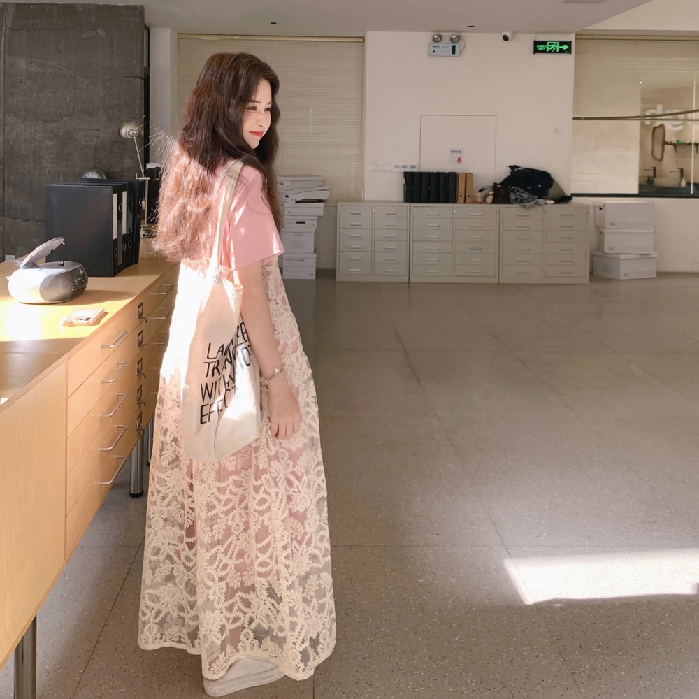 叠穿蕾丝吊带裙套装女夏2025新款法式设计感T恤裙两件套显瘦套装