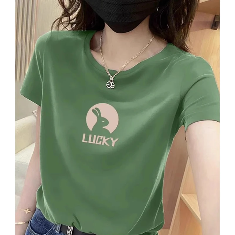 新款宽松绿色高端品牌短袖t恤女夏季半袖体恤衫时尚洋气印花上衣
