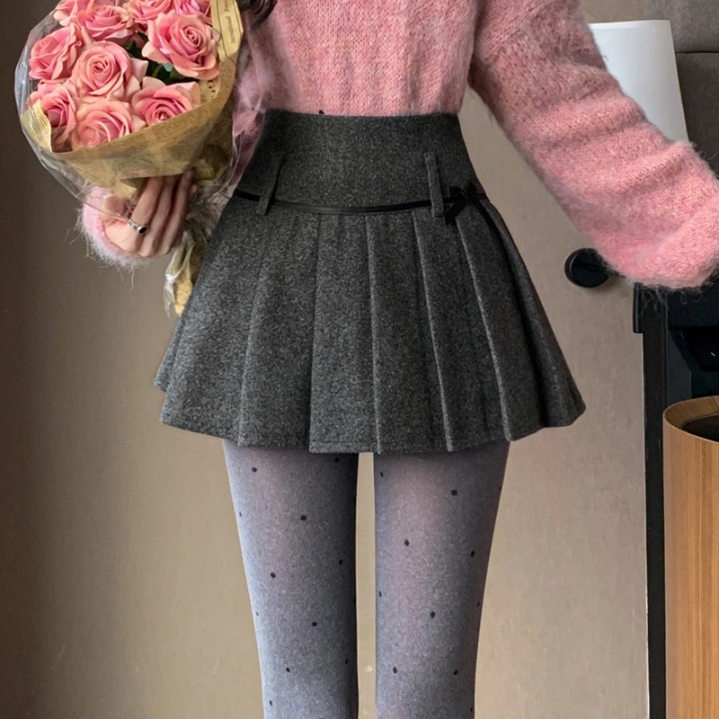 灰色韩系学院风高腰毛呢半身裙女冬季防走光A字裙呢子百褶裙短裙
