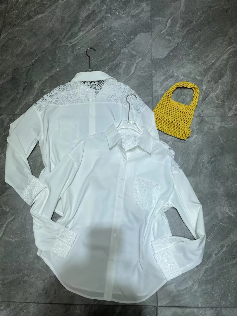 【BAI】夏季新款蕾丝刺绣拼接白色衬衫32629