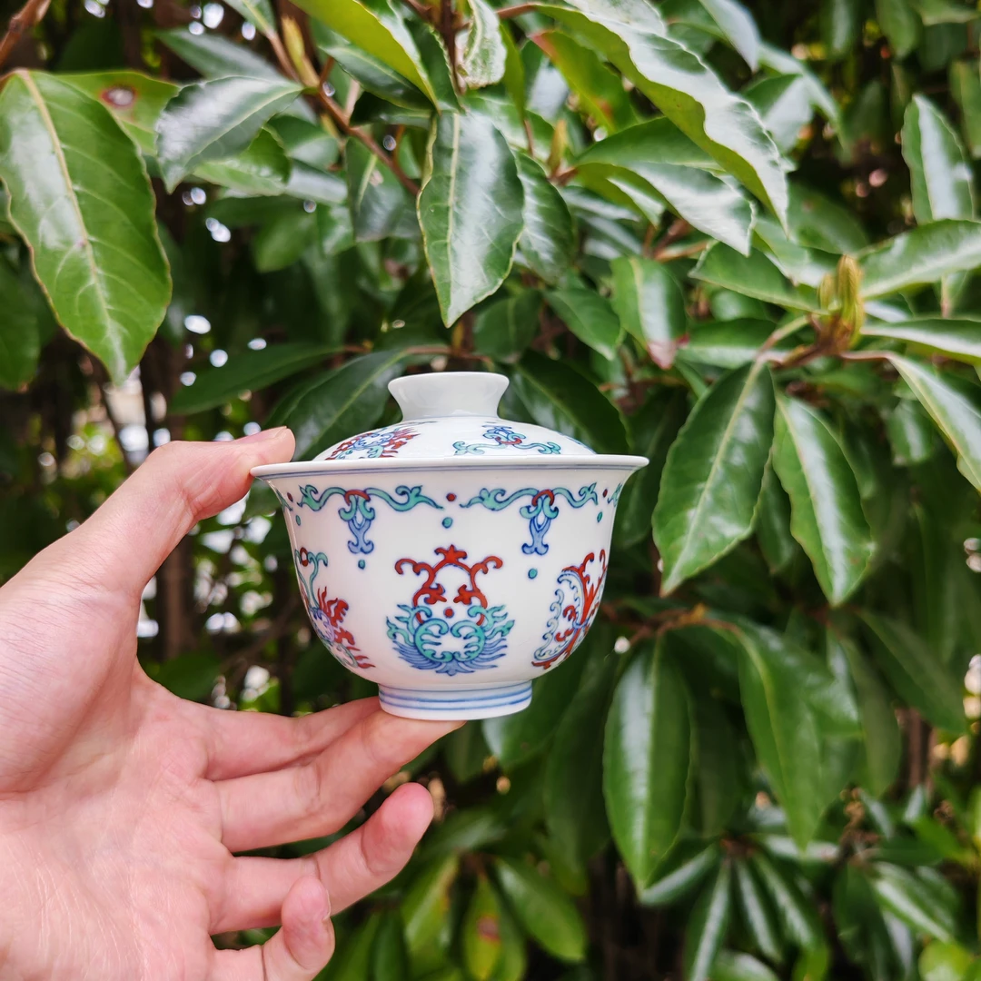 微瑕略微不合缝看好拍不退换斗彩手绘忍冬盖碗单个盖碗茶具纯手工