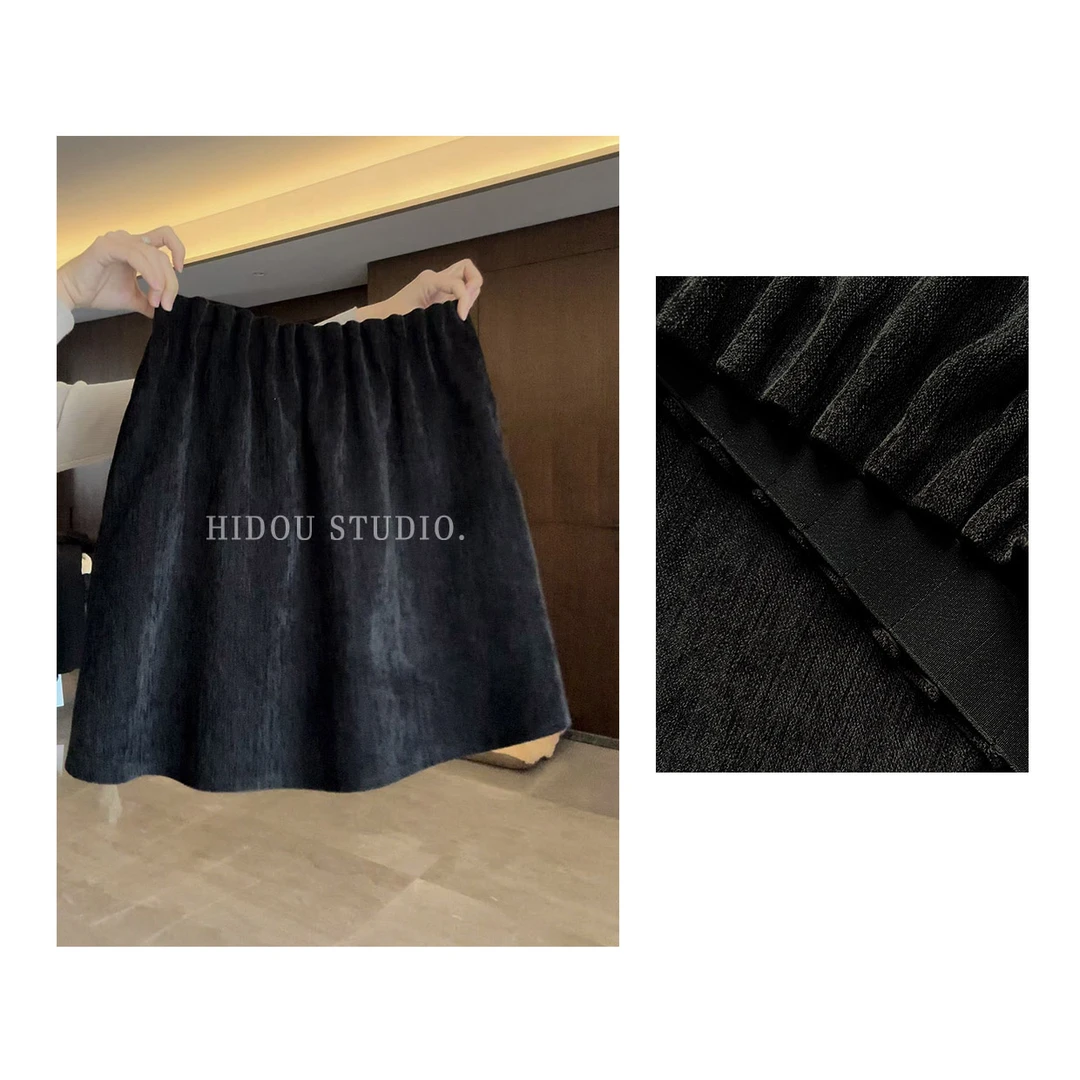 【痘痘私服】|【小黑裙】甜美少女松紧腰花苞短裙