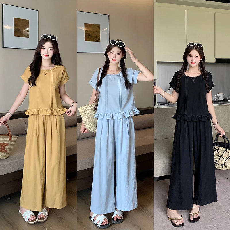 2025夏装新款胖mm大码女甜美飞飞袖木耳边短袖阔腿裤夏装时尚套装